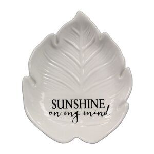 Sunshine On My  Mind Shaped Palm Leaf Trinket Dish Embossed White Ceramic